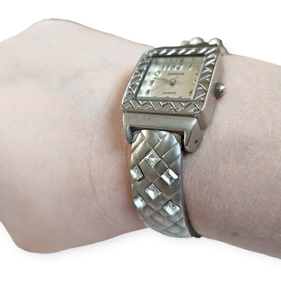 Geneva Silver-tone Basket Weeve & Crystal Open Cuff Watch - Picture 13 of 13